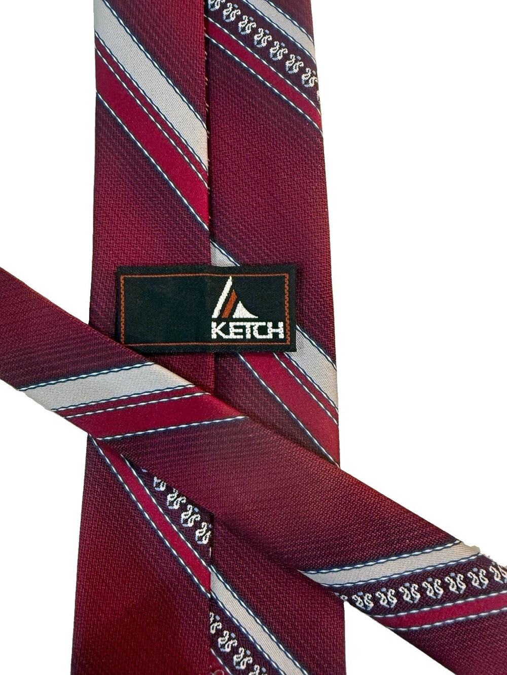 Ketch Men's Burgundy Striped Woven Tie Classic Length/Width Logo Accent